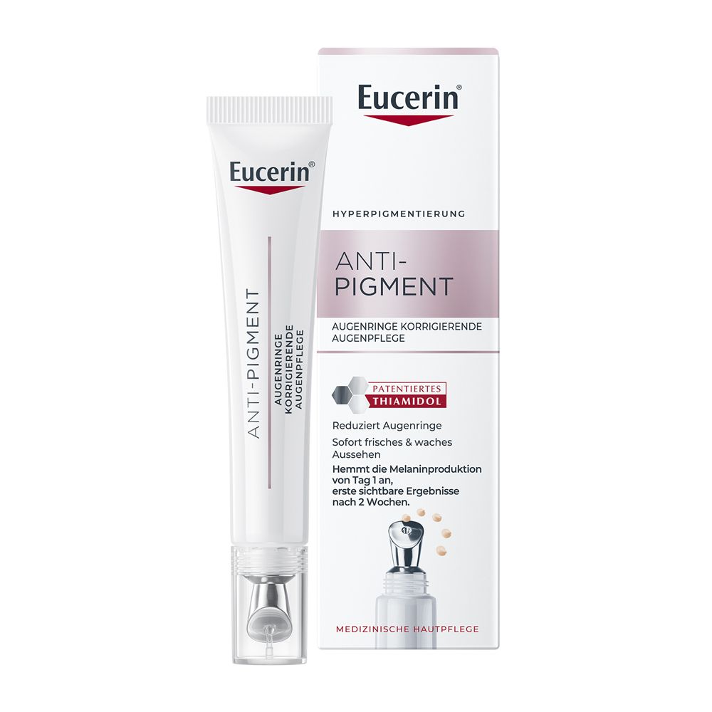 Eucerin Anti-Pigment Augenpflege Tube mit Applikator und Faltschachtel.