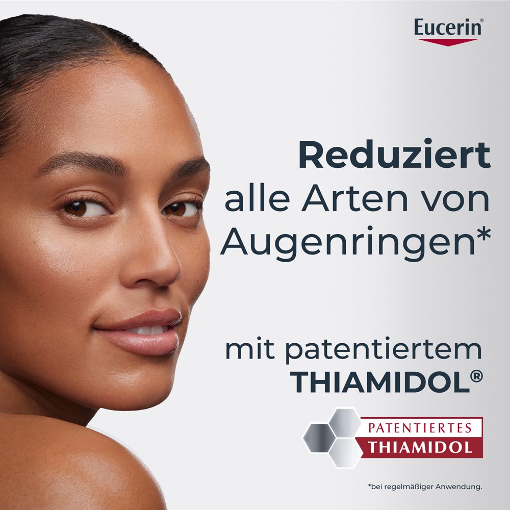 Frau mit glatter Haut, die Eucerin Anti-Pigment Augenpflege bewirbt.