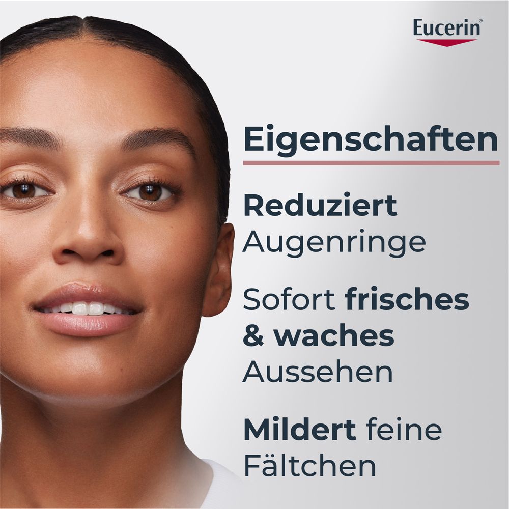 Frau mit glatter Haut, die die Eigenschaften der Eucerin Anti-Pigment Augenpflege hervorhebt.