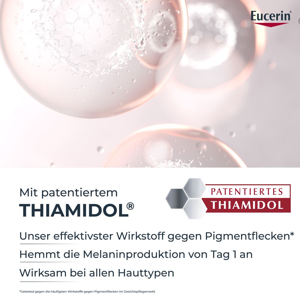 Abstrakte Darstellung von Molekülen, die die Wirkung von Thiamidol in Eucerin Anti-Pigment zeigen.