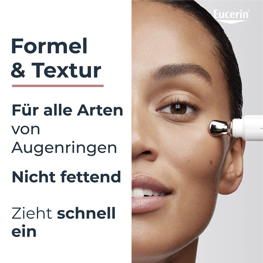 Frau mit glatter Haut, die die Formel und Textur der Eucerin Anti-Pigment Augenpflege anwendet.