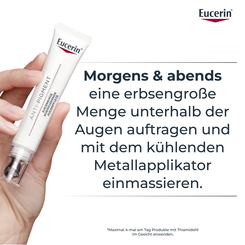 Anwendung der Eucerin Anti-Pigment Augenpflege mit kühlendem Metallapplikator.