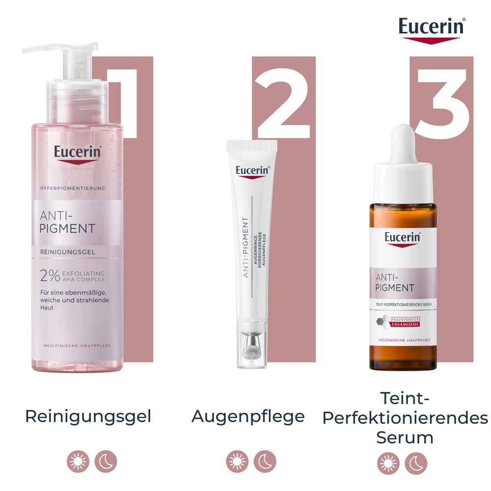 Eucerin Anti-Pigment Routine: Reinigungsgel, Augenpflege und Serum.