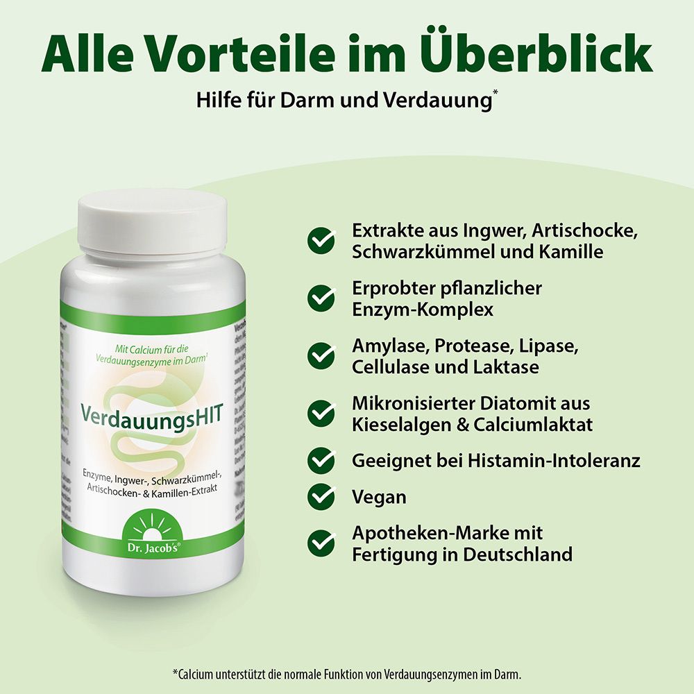 Flacon avec texte: VerdauungsHIT. Aperçu des avantages. Ingrédients: Gingembre, Artichaut, Nigelle, Camomille, Complexe enzymatique.