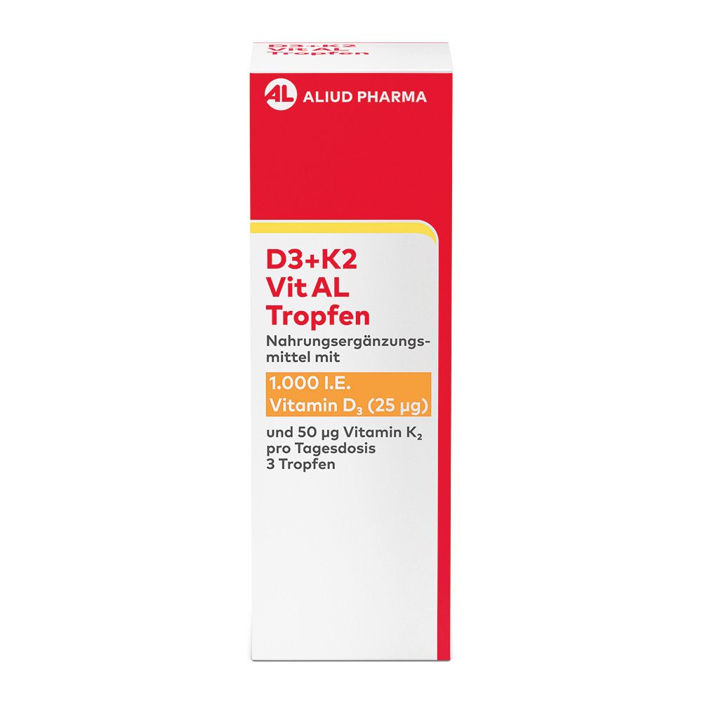 ALIUD PHARMA D3+K2 Vit AL Tropfen. Weiße Schachtel mit rotem Deckel. Text: D3+K2 Vit AL Tropfen, 1.000 I.E. Vitamin D3, 3 Tropfen.