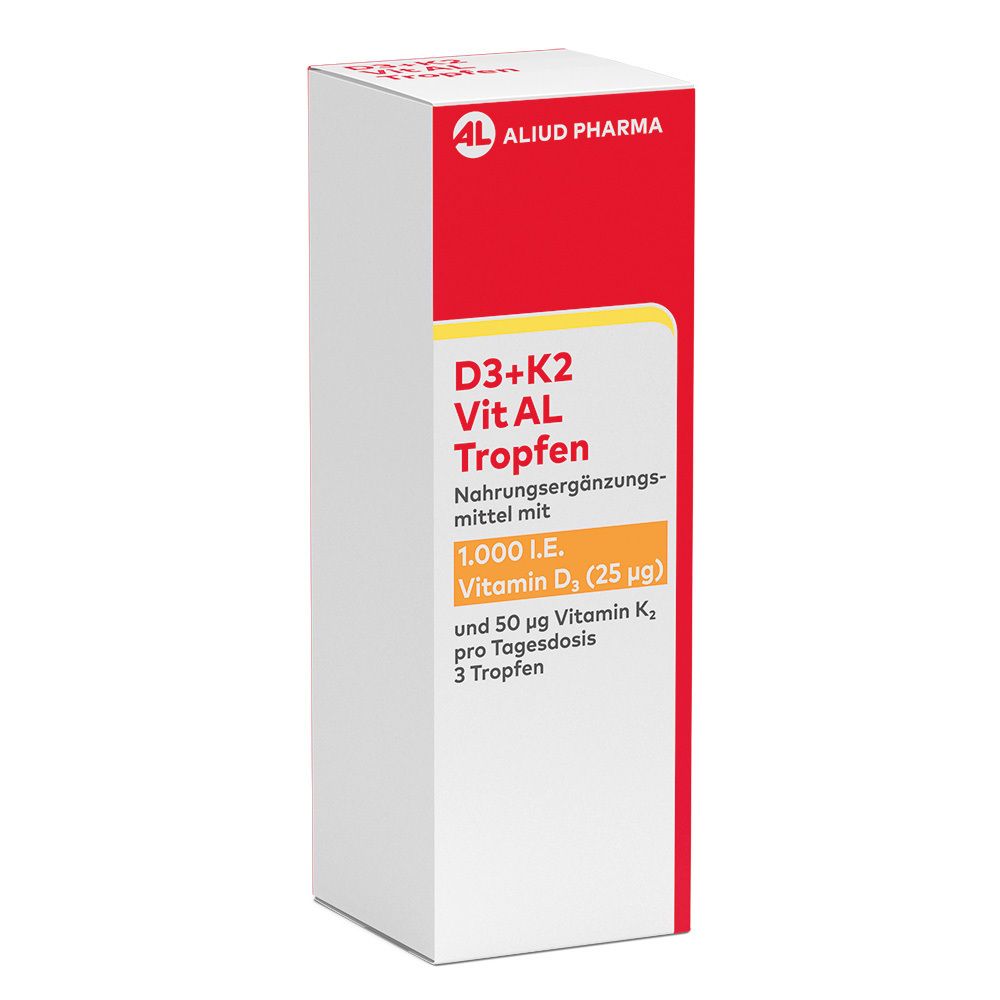 ALIUD PHARMA D3+K2 Vit AL Tropfen. Weiße Schachtel mit rotem Deckel. Text: D3+K2 Vit AL Tropfen, 1.000 I.E. Vitamin D3, 3 Tropfen.