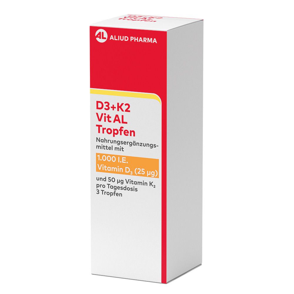 ALIUD PHARMA D3+K2 Vit AL Tropfen. Weiße Schachtel mit rotem Deckel. Text: D3+K2 Vit AL Tropfen, 1.000 I.E. Vitamin D3, 3 Tropfen.