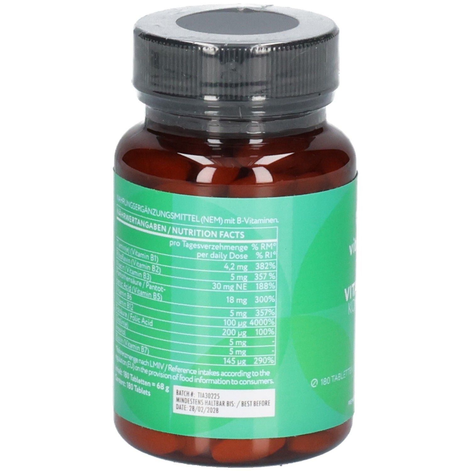 Arrière de la bouteille Vitabay Vitamine B Complexe avec informations nutritionnelles.