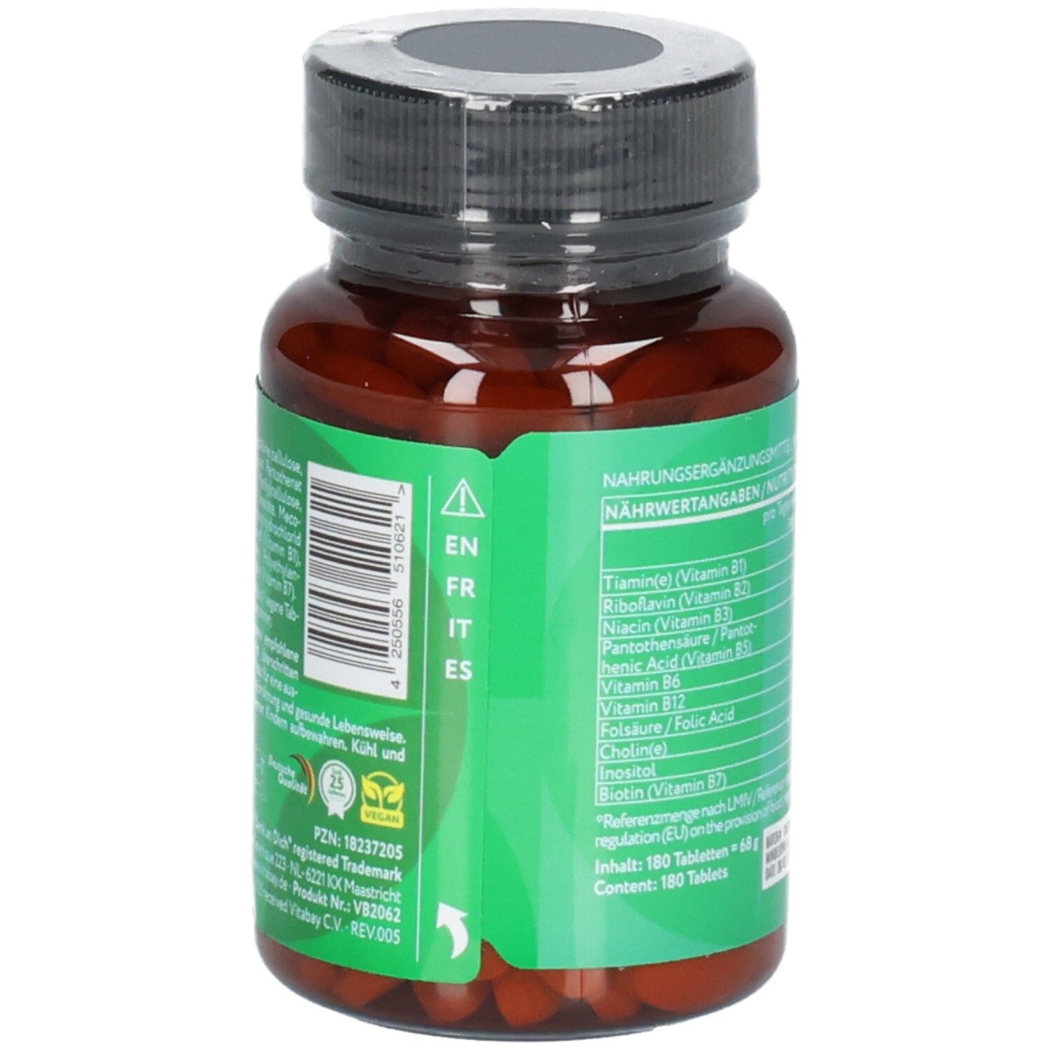 Vue latérale de la bouteille Vitabay Vitamine B Complexe avec code langue.