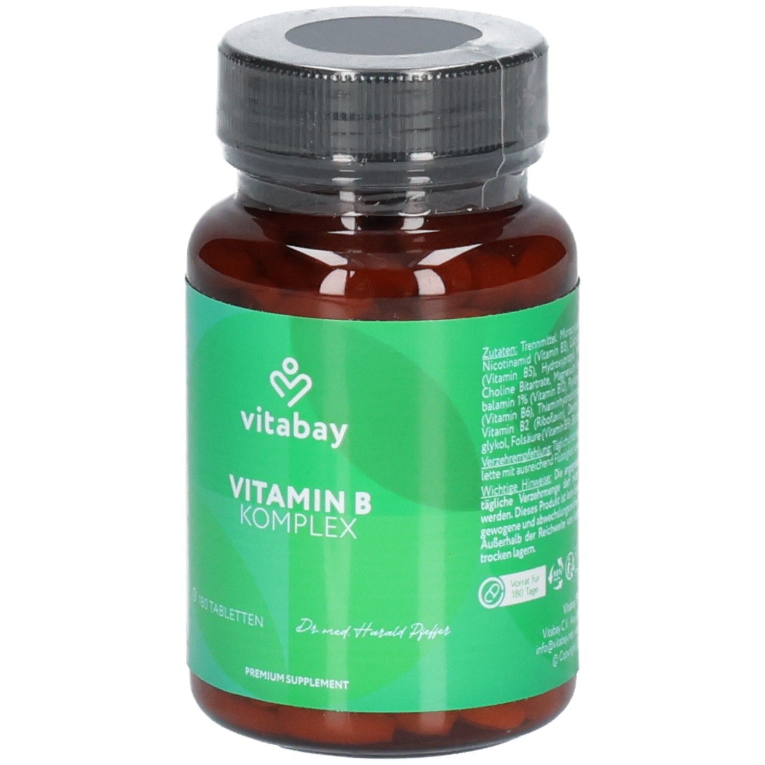 Bouteille Vitabay Vitamine B Complexe avec 180 comprimés et sceaux.
