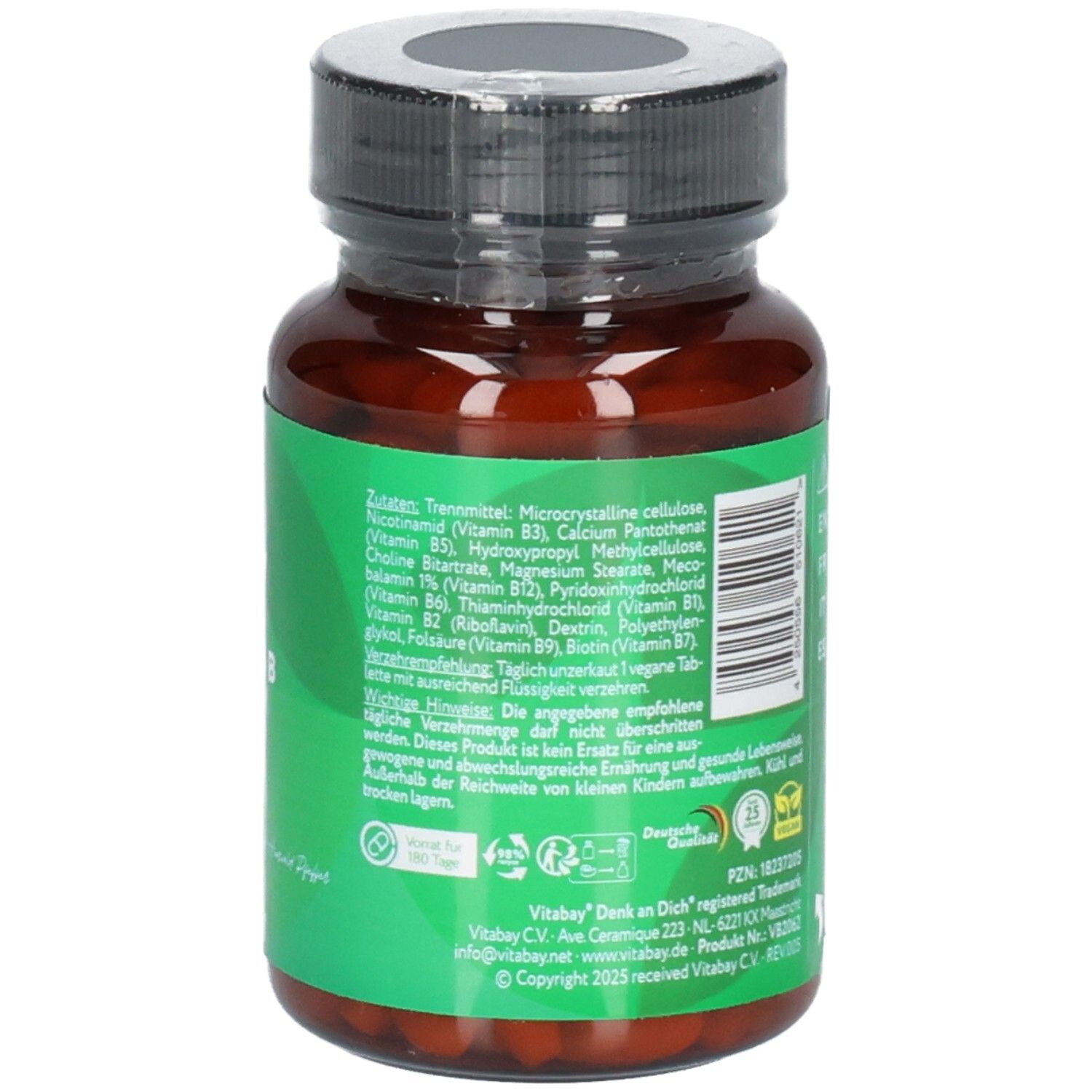 Bouteille Vitabay Vitamine B Complexe avec 180 comprimés, sceaux et ingrédients.