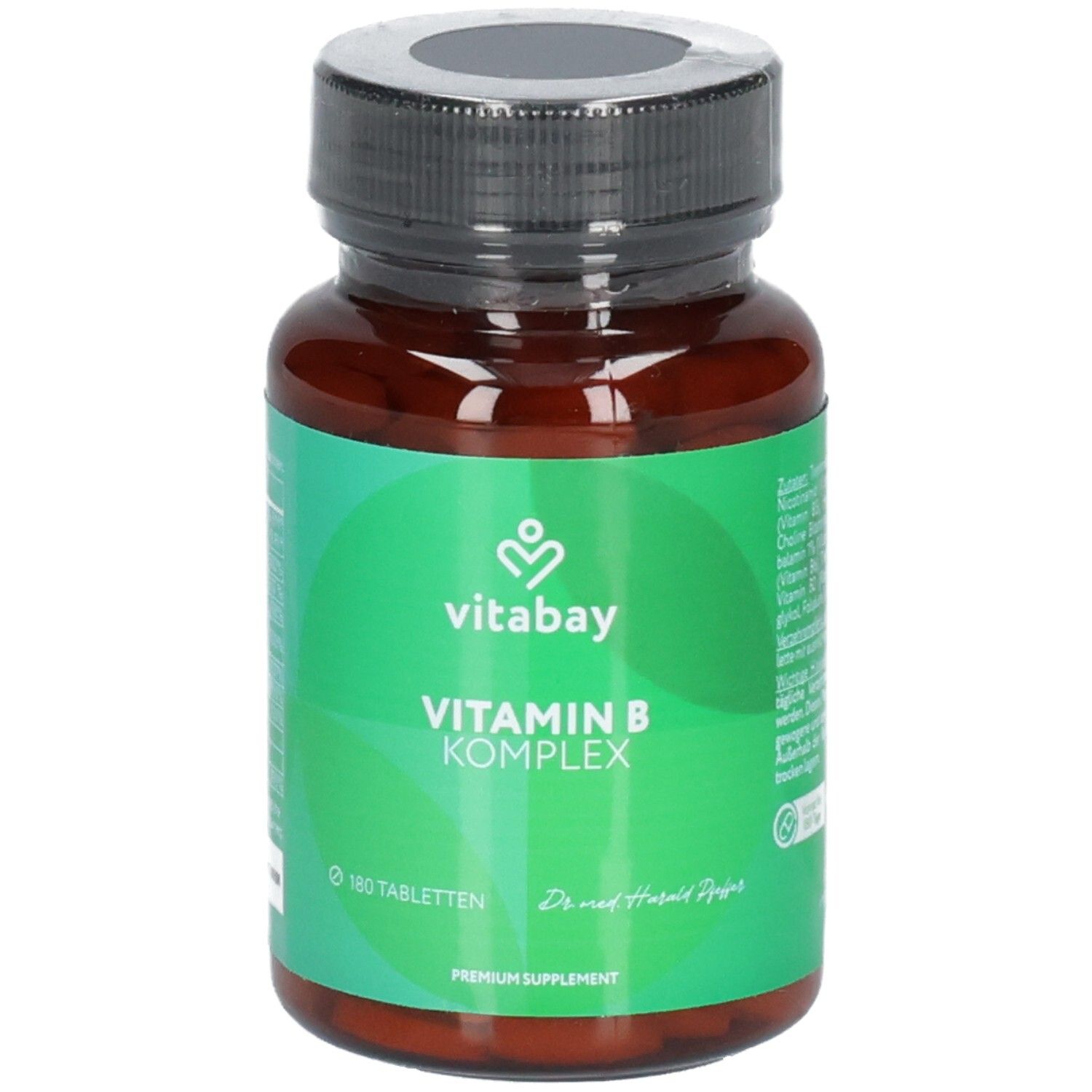 Bouteille Vitabay Vitamine B Complexe avec 180 comprimés, sceaux et ingrédients.
