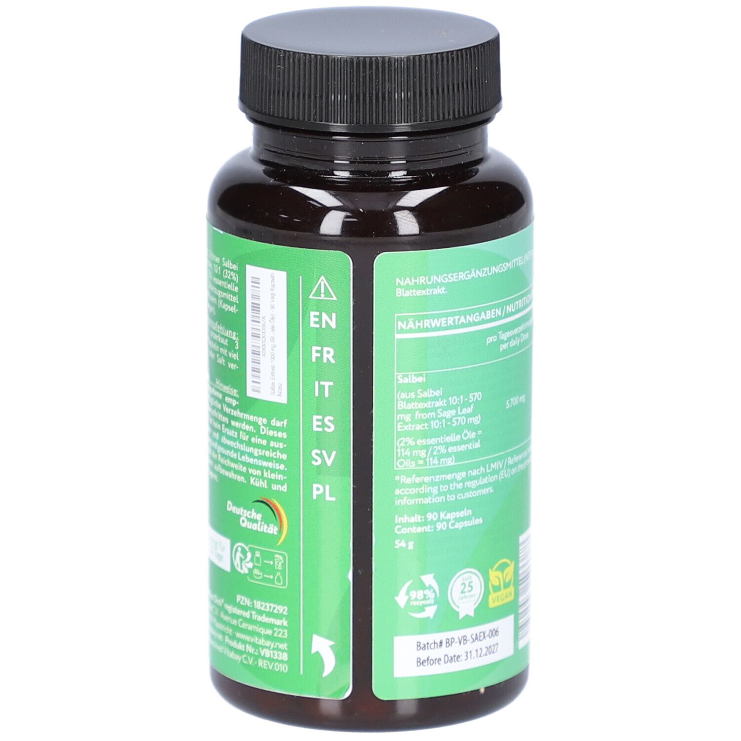 Dos du flacon avec texte en plusieurs langues. Inscription: Informations nutritionnelles, 90 gélules. Fond vert.