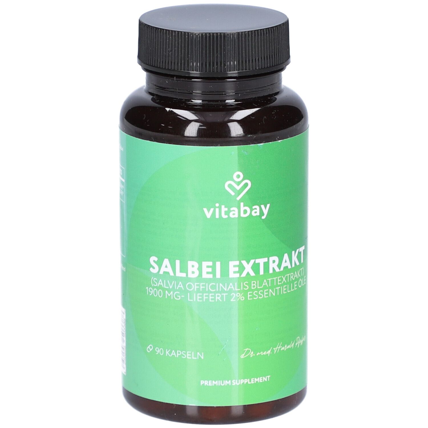 Flacon brun avec bouchon noir. Inscription: SALBEI EXTRAKT, 1900 mg, 90 gélules. Marque: vitabay. Fond vert.