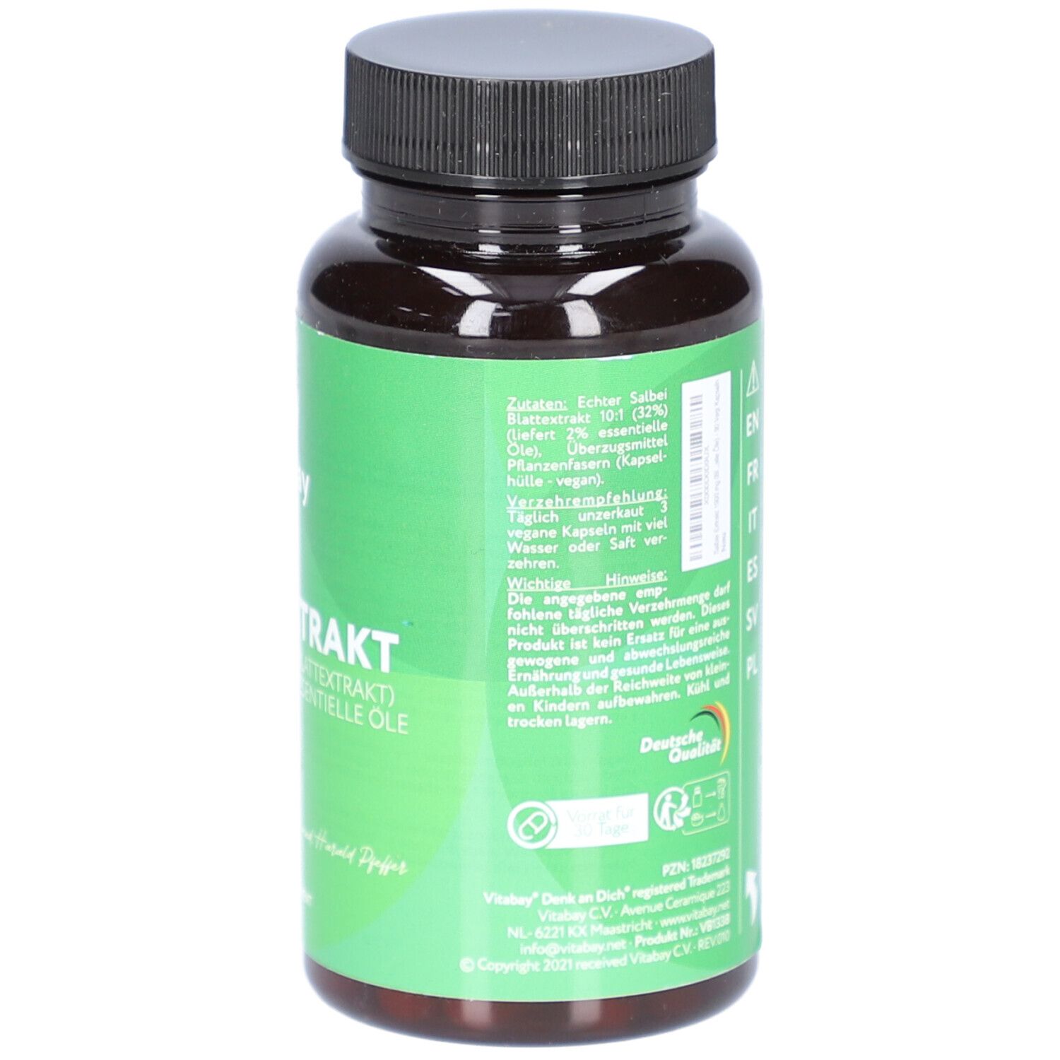 Dos du flacon. Inscription: Ingrédients, 90 gélules, vegan. Certifications. Fond vert.