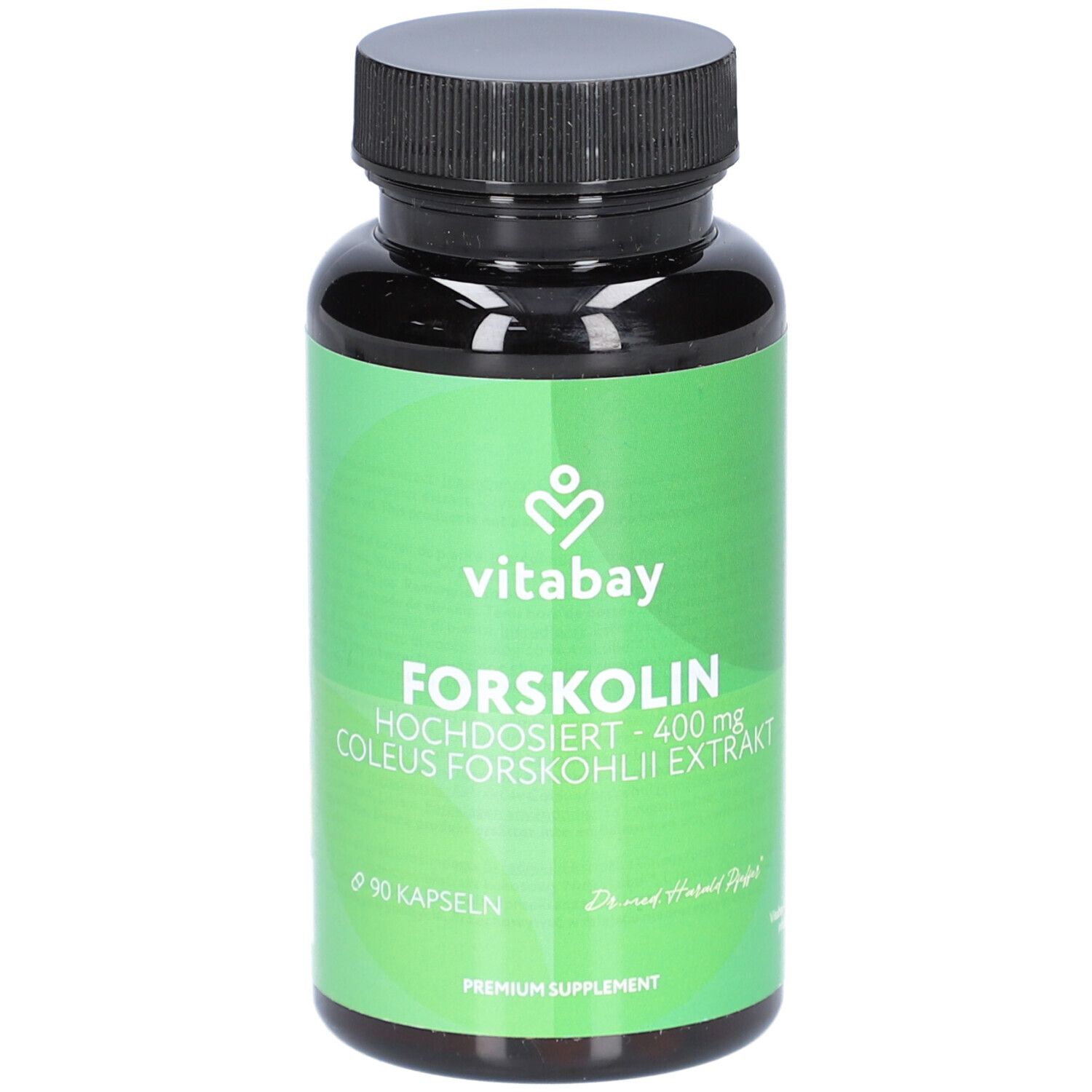Flacon vert avec bouchon noir. Inscription : Vitabay Forskolin 400 mg, 90 gélules. Complément premium.