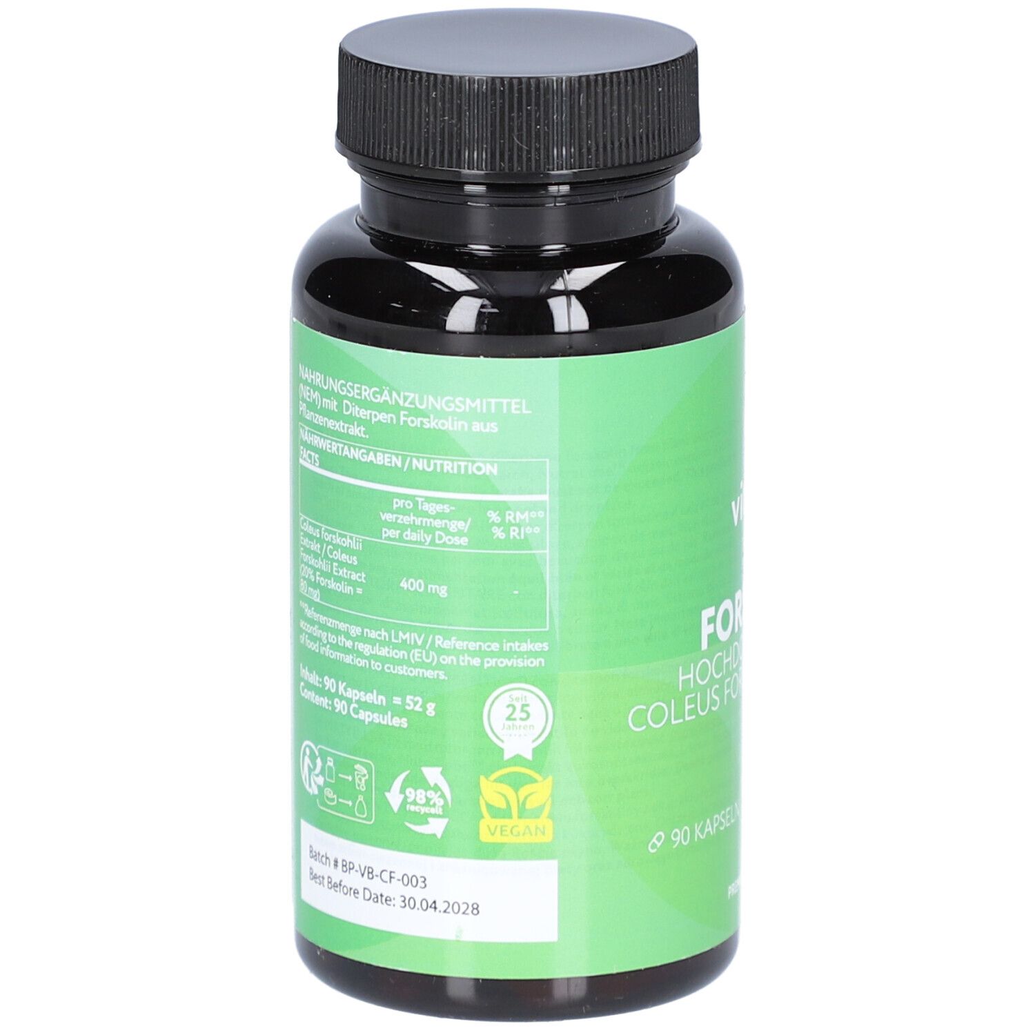 Dos du flacon vert. Contient des informations nutritionnelles et des ingrédients. Label végétalien.