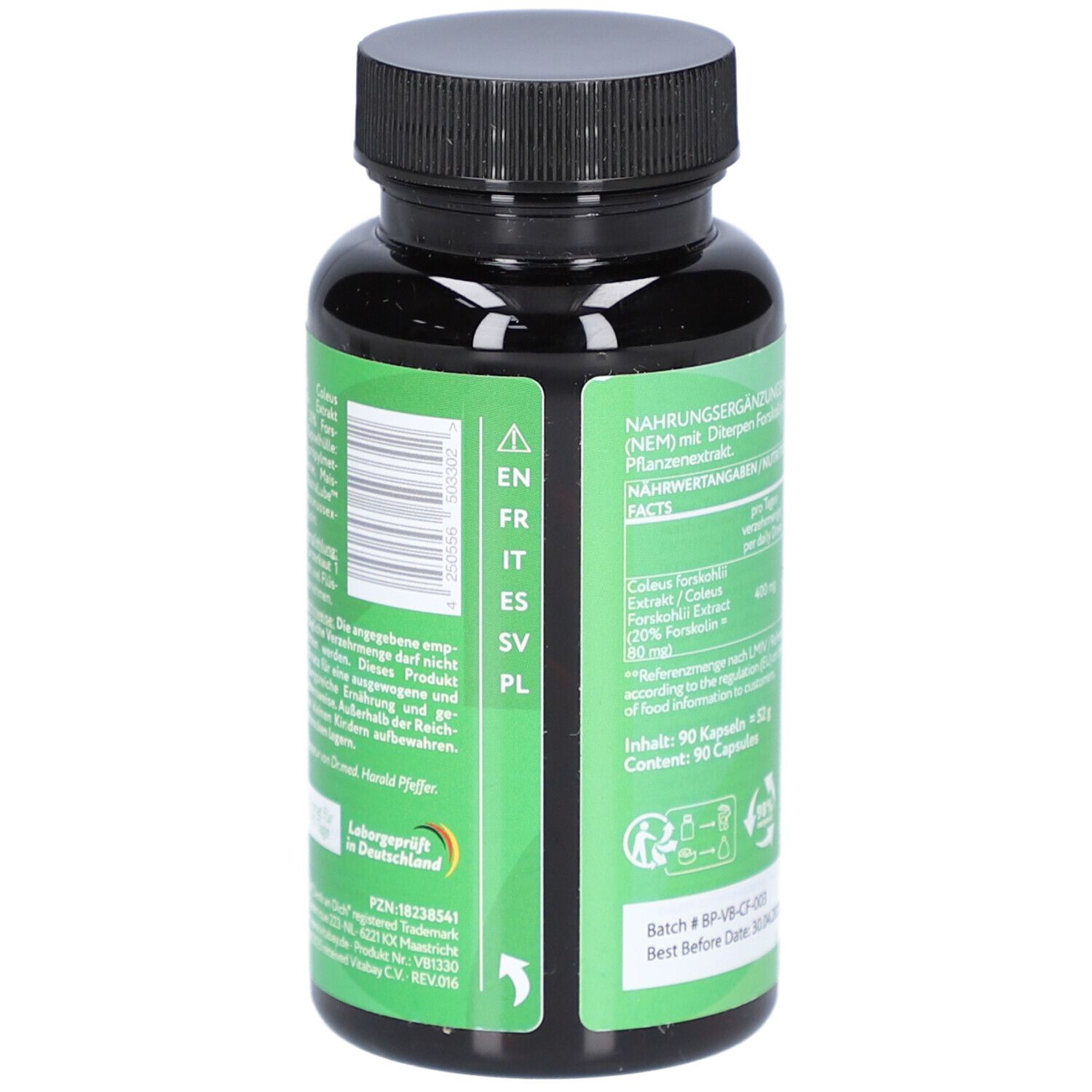 Dos du flacon vert avec texte en plusieurs langues. Contient des informations sur les ingrédients.