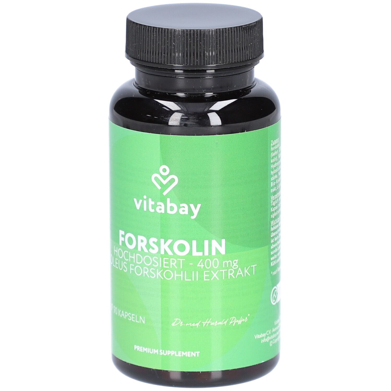 Flacon vert avec bouchon noir. Inscription : Vitabay Forskolin 400 mg, 90 gélules. Complément premium.