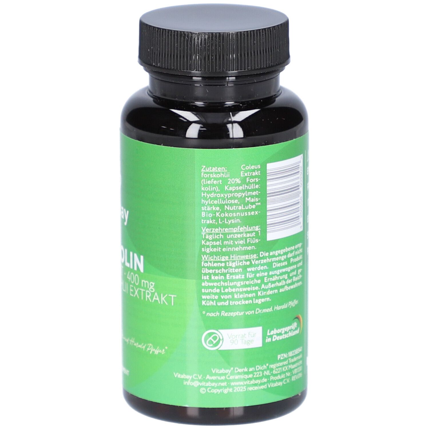 Dos du flacon vert. Contient des informations sur les ingrédients, les avertissements et le fabricant.