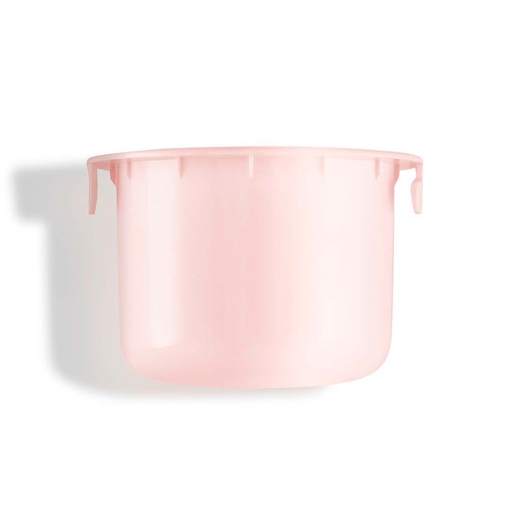 Rosa Nachfüllpackung für Tagescreme. Zylindrische Form mit zwei kleinen Griffen. Glatte Oberfläche.