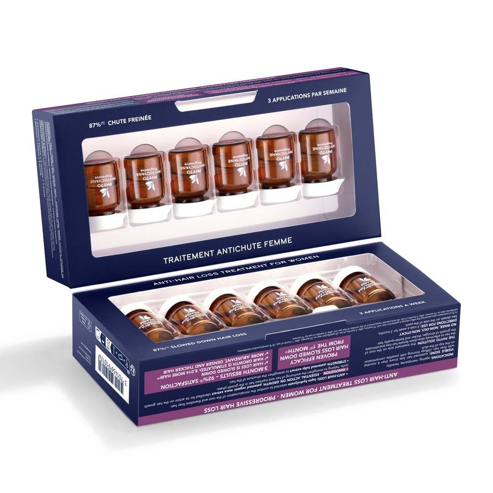 Boîte ouverte avec ampoules. Texte: Traitement antichute pour femmes. 6 ampoules visibles.