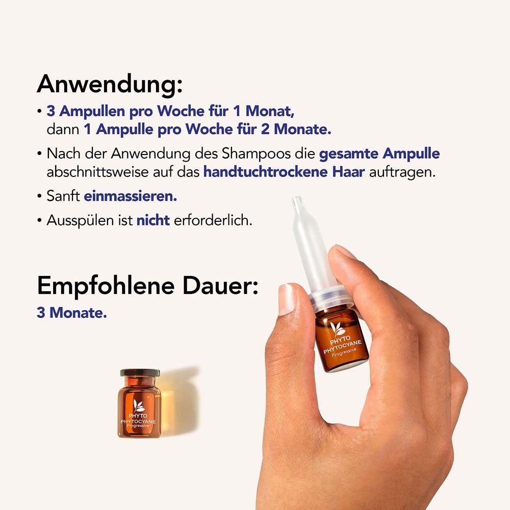 Main tenant une ampoule. Texte: Mode d'emploi, 3 ampoules par semaine pendant 1 mois, puis 1 par semaine pendant 2 mois.