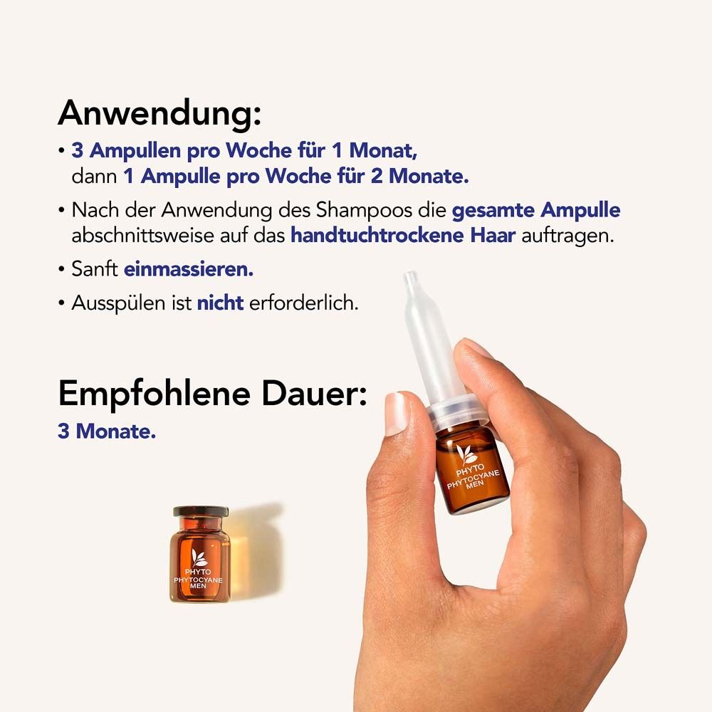 Hand hält eine Ampulle. Text: Anwendung. Ampulle mit Aufschrift PHYTO. Braune Flüssigkeit.