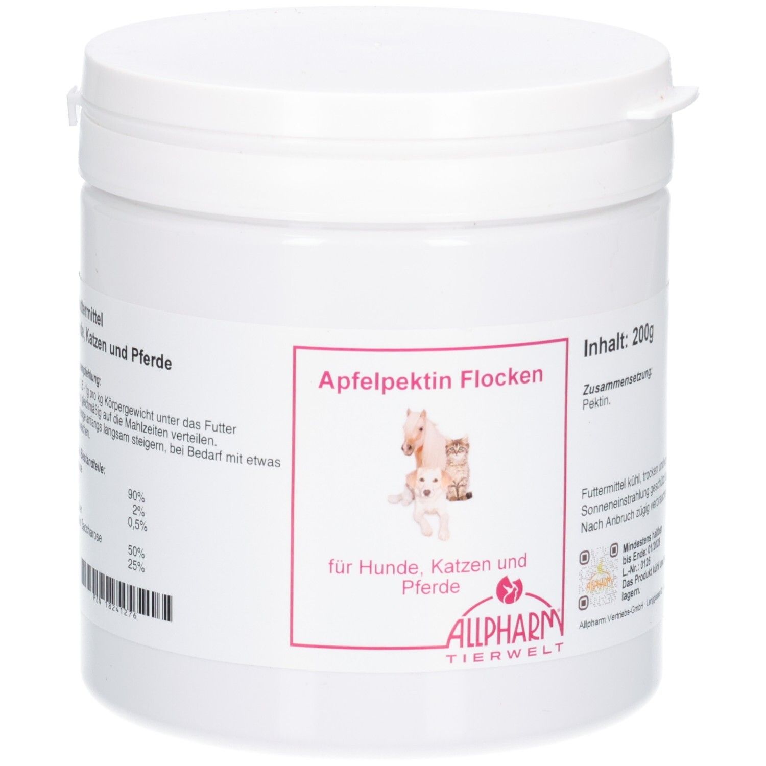 Weiße Dose mit Apfelpektin Flocken für Hunde, Katzen und Pferde. Enthält 200g.
