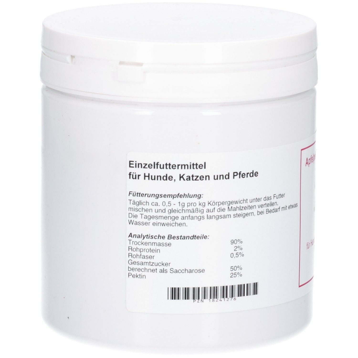 Rückseite der Dose mit Fütterungsempfehlung und analytischen Bestandteilen für Apfelpektin Flocken.
