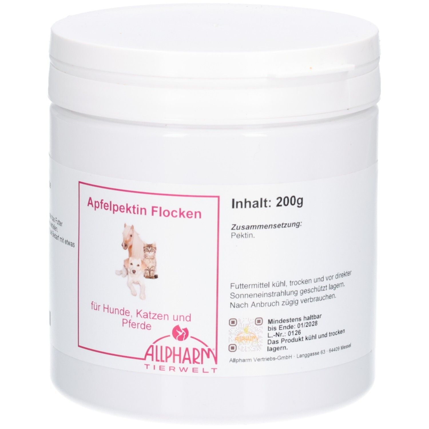 Vorderseite der Dose mit Apfelpektin Flocken, Inhalt 200g, für Hunde, Katzen und Pferde.