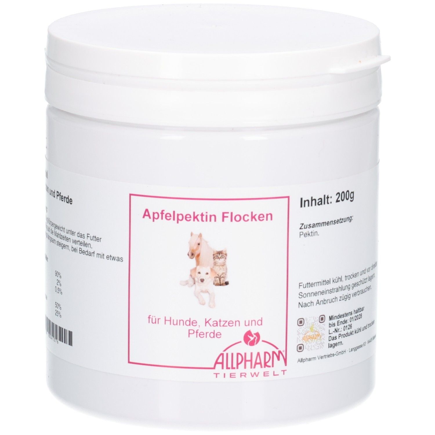 Vorderseite der Dose mit Apfelpektin Flocken, 200g, für Hunde, Katzen und Pferde. Marke: ALLPHARM TIERWELT.