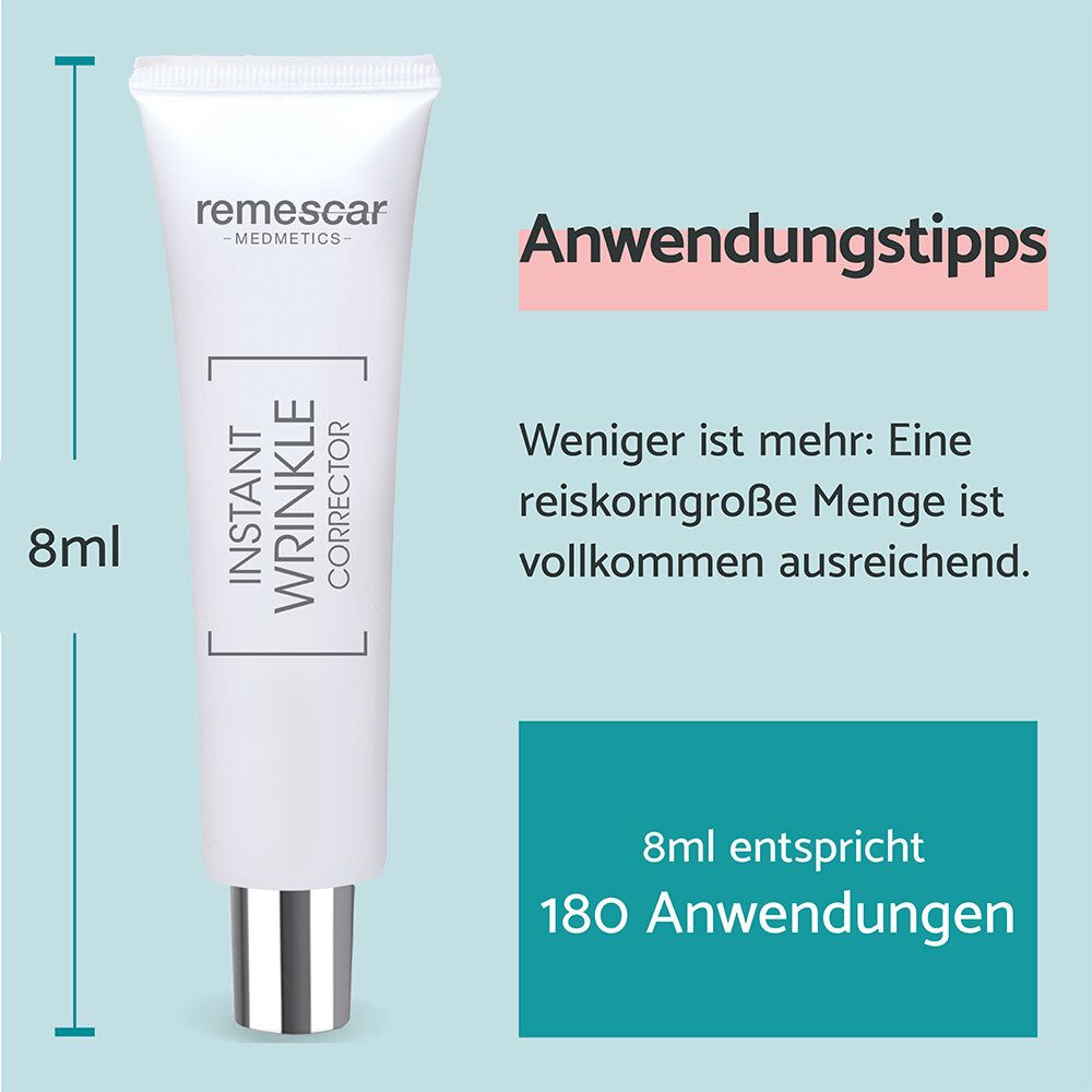Remescar Sofortige Faltenkorrektur Tube (8ml) mit Anwendungshinweisen und Ergiebigkeitsangabe.