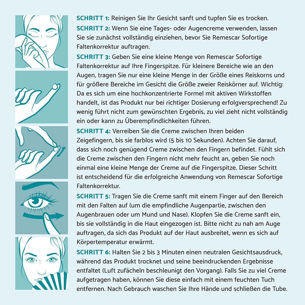 Schritt-für-Schritt-Anleitung zur Anwendung von Remescar Sofortige Faltenkorrektur.