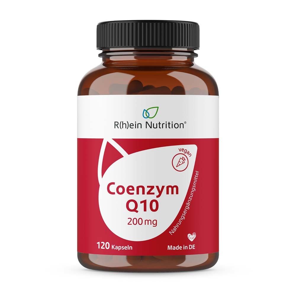 Flacon brun, bouchon noir. R(h)ein Nutrition Coenzym Q10 200 mg vegan. 120 gélules. Fabriqué en DE.