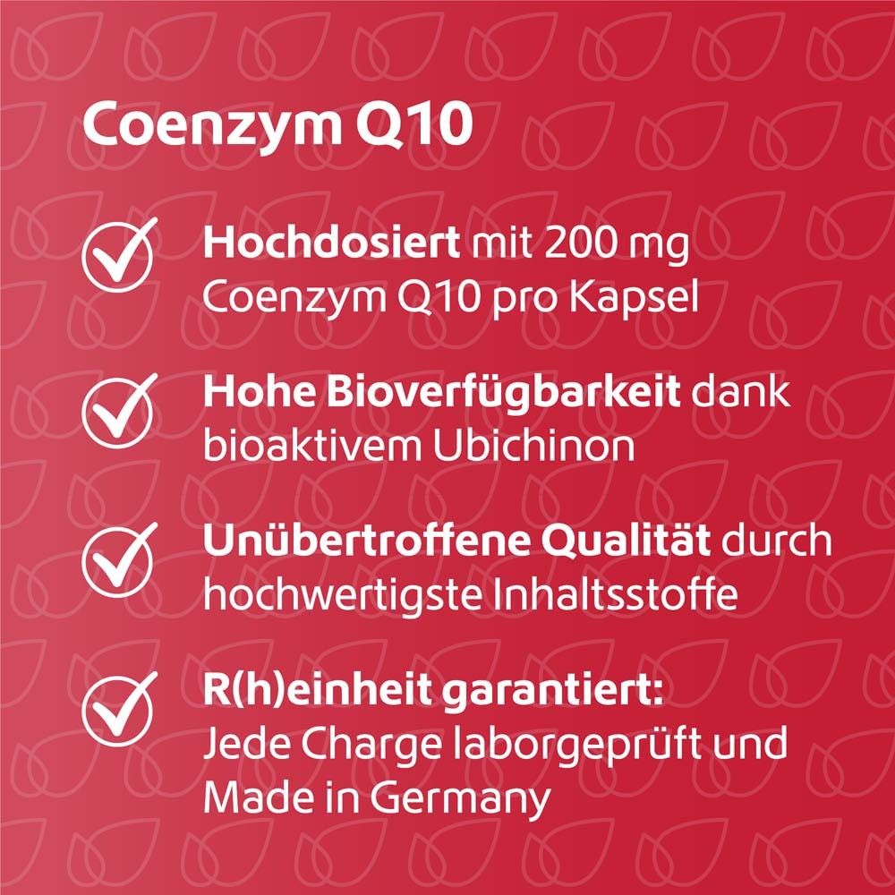 Texte sur fond rouge: Coenzym Q10. Hautement dosé à 200 mg. Haute biodisponibilité. R(h)einheit garanti. Fabriqué en Allemagne.
