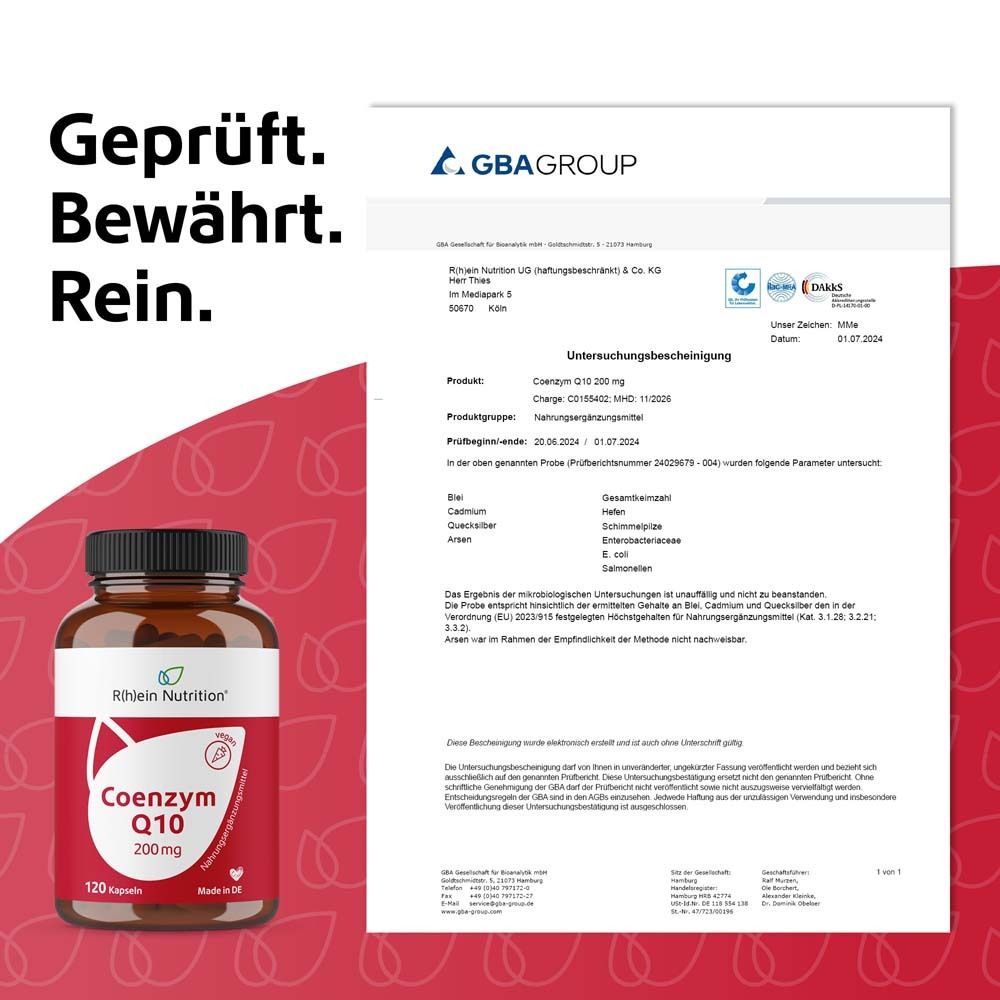 Certificat: Testé. Éprouvé. Pur. GBA Group. Flacon R(h)ein Nutrition Coenzym Q10 200 mg.