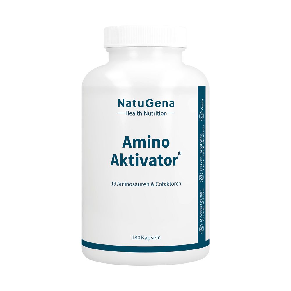 Weiße Kapsel-Flasche mit NatuGena Amino Aktivator Etikett, 180 Kapseln.