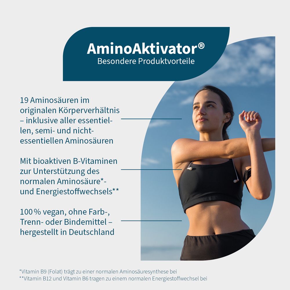 Frau dehnt sich, Text über 19 Aminosäuren, B-Vitamine, vegan, Made in Germany.