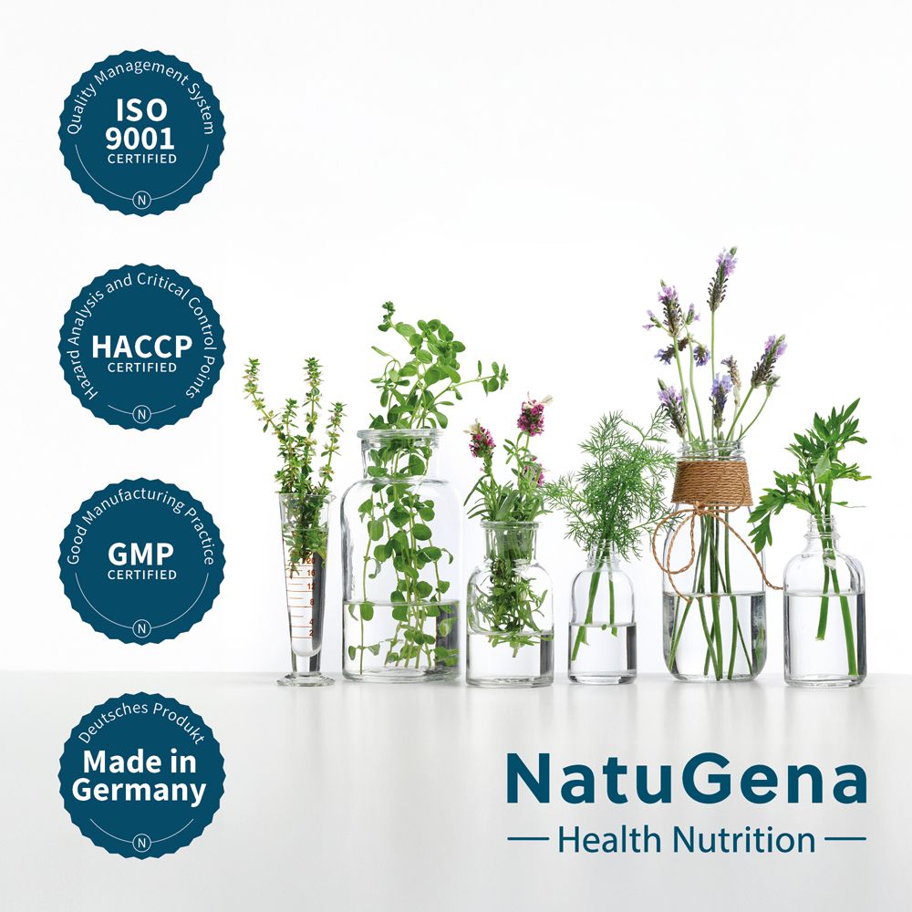 Zertifikate ISO 9001, HACCP, GMP, deutsches Produkt, NatuGena Logo.