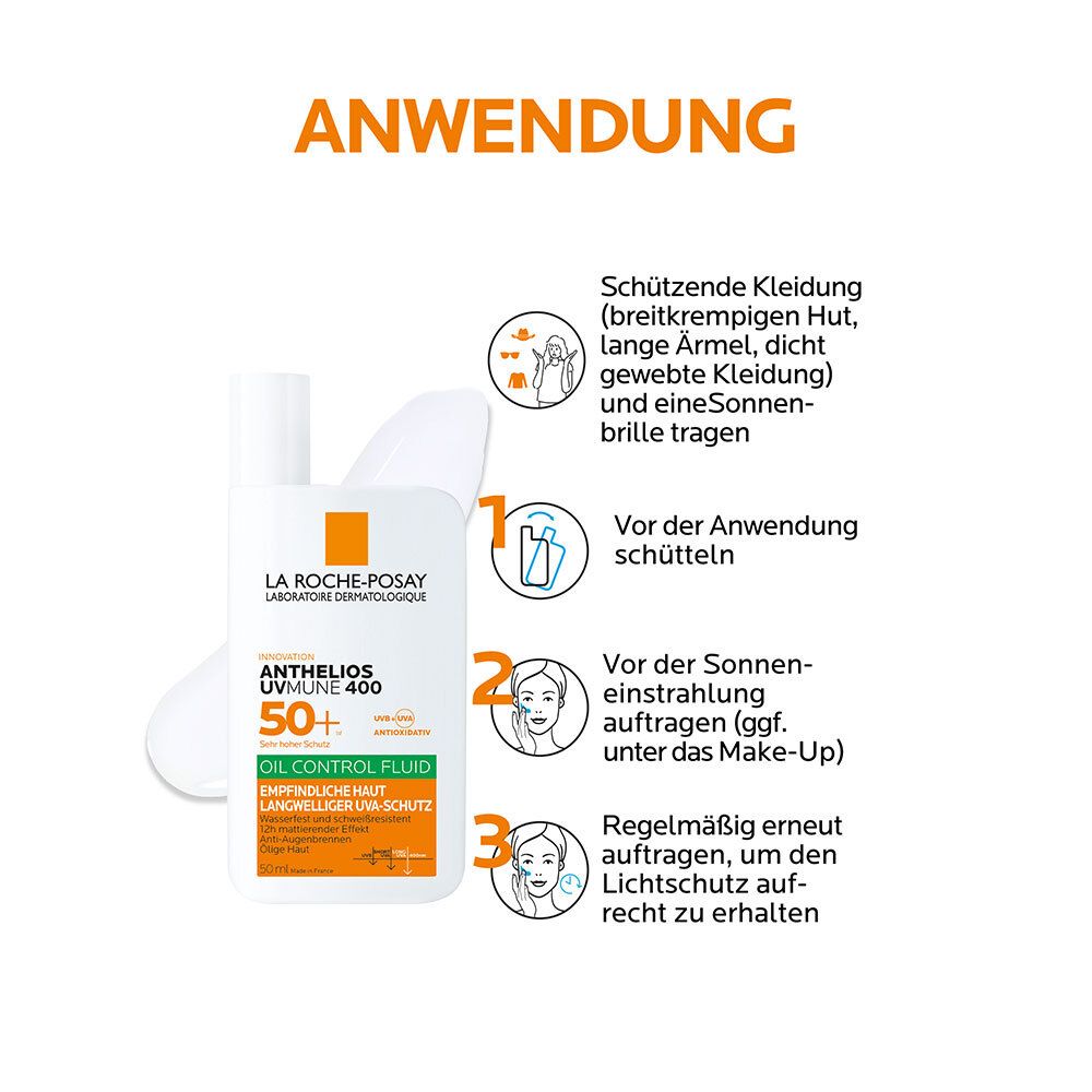 La Roche Posay Anthelios UVMUNE 400 Oil Control Fluid Sonnenschutz für empfindliche Haut mit sehr hohem UV-Schutz LSF 50+. Für ölige Haut geeignet