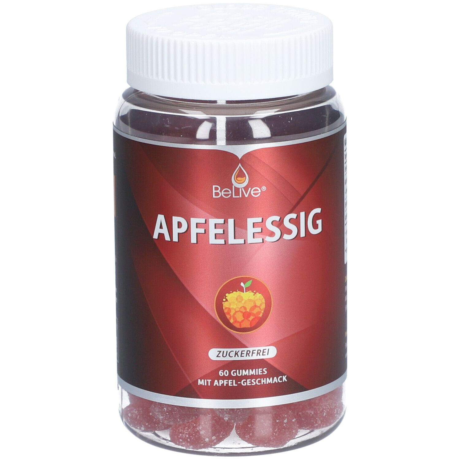 Flacon transparent avec gummies rouges. Étiquette rouge avec "Apfelessig" et "Zuckerfrei". Bouchon blanc.