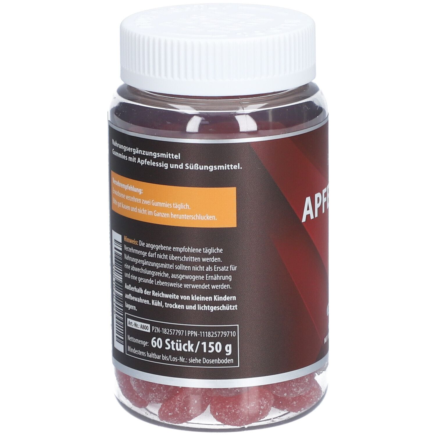 Dos du flacon avec informations. Contient des avertissements et des recommandations de dosage. 60 pièces/150 g.