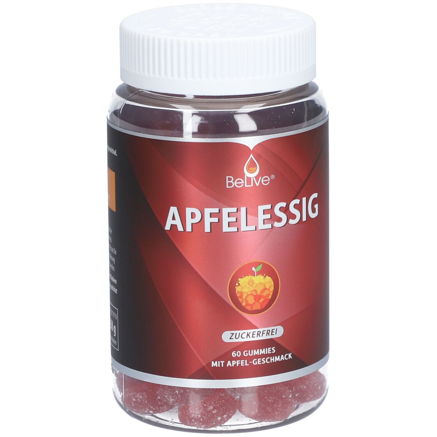 Flacon transparent avec gummies rouges. Étiquette rouge avec "Apfelessig" et "Zuckerfrei". Bouchon blanc.