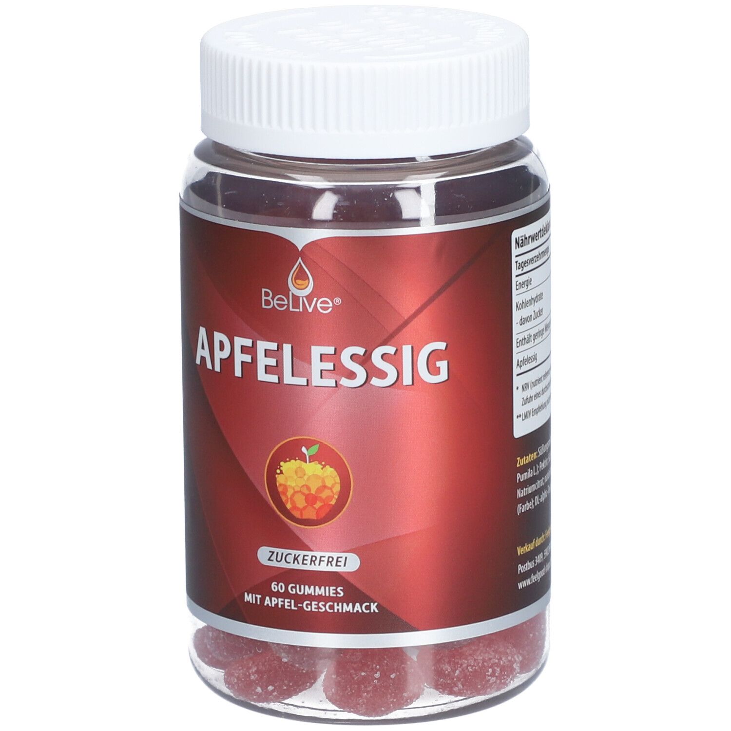 Flacon transparent avec gummies rouges. Étiquette rouge avec "Apfelessig" et "Zuckerfrei". Bouchon blanc.