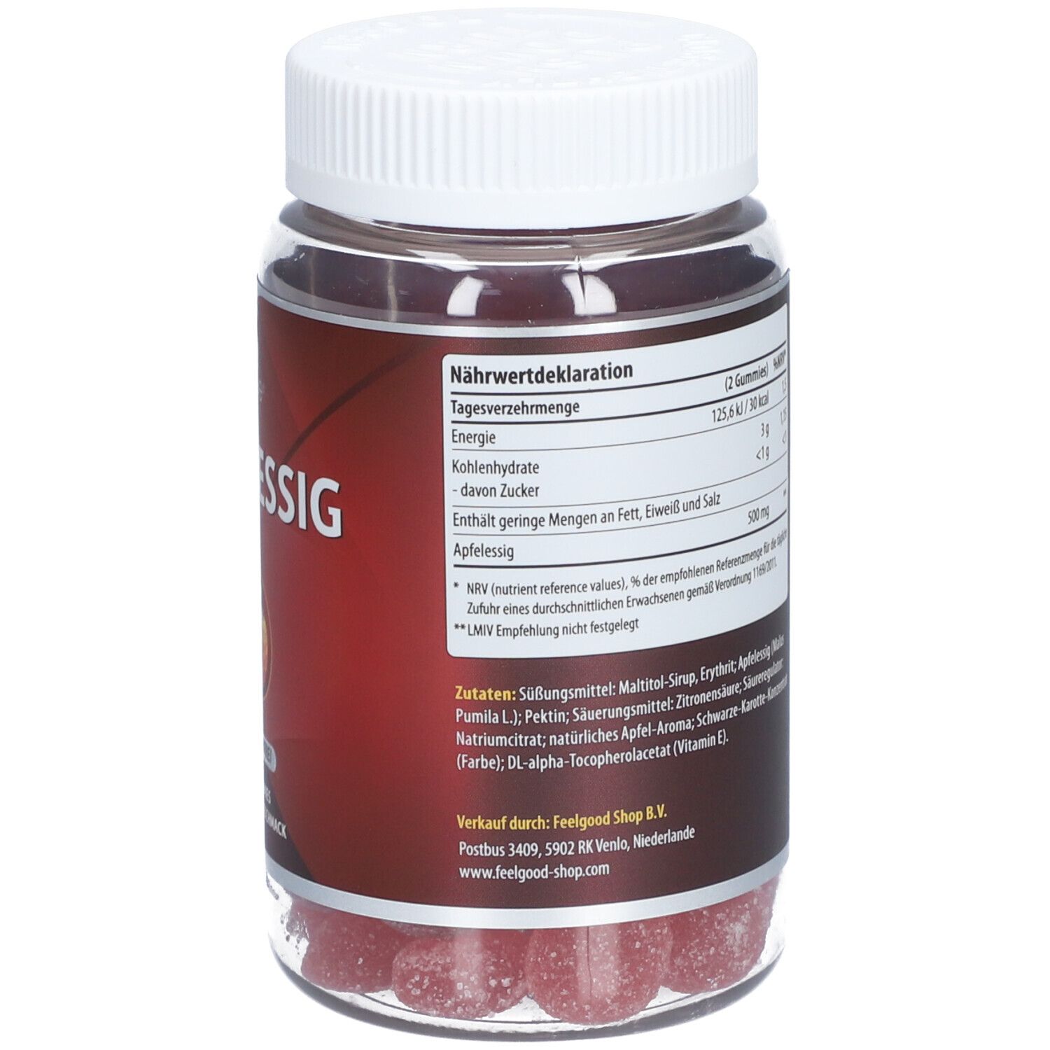 Dos du flacon avec déclaration nutritionnelle et liste des ingrédients. Contient des informations sur l'énergie, le sucre et le vinaigre de cidre.