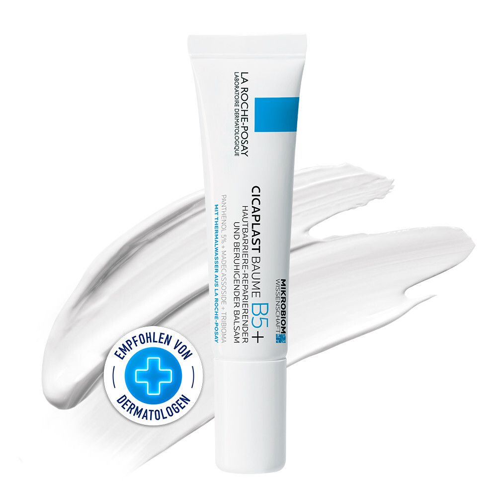 Creme-Tube mit blauem Streifen. Text: La Roche-Posay, Cicaplast Baume B5+. Empfohlen von Dermatologen.
