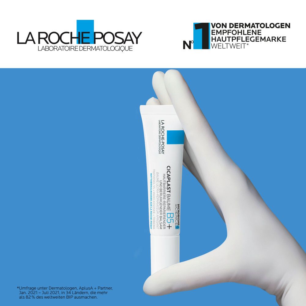 Hand mit Tube. Text: La Roche-Posay, Cicaplast Baume B5+. Nr. 1 von Dermatologen empfohlen.