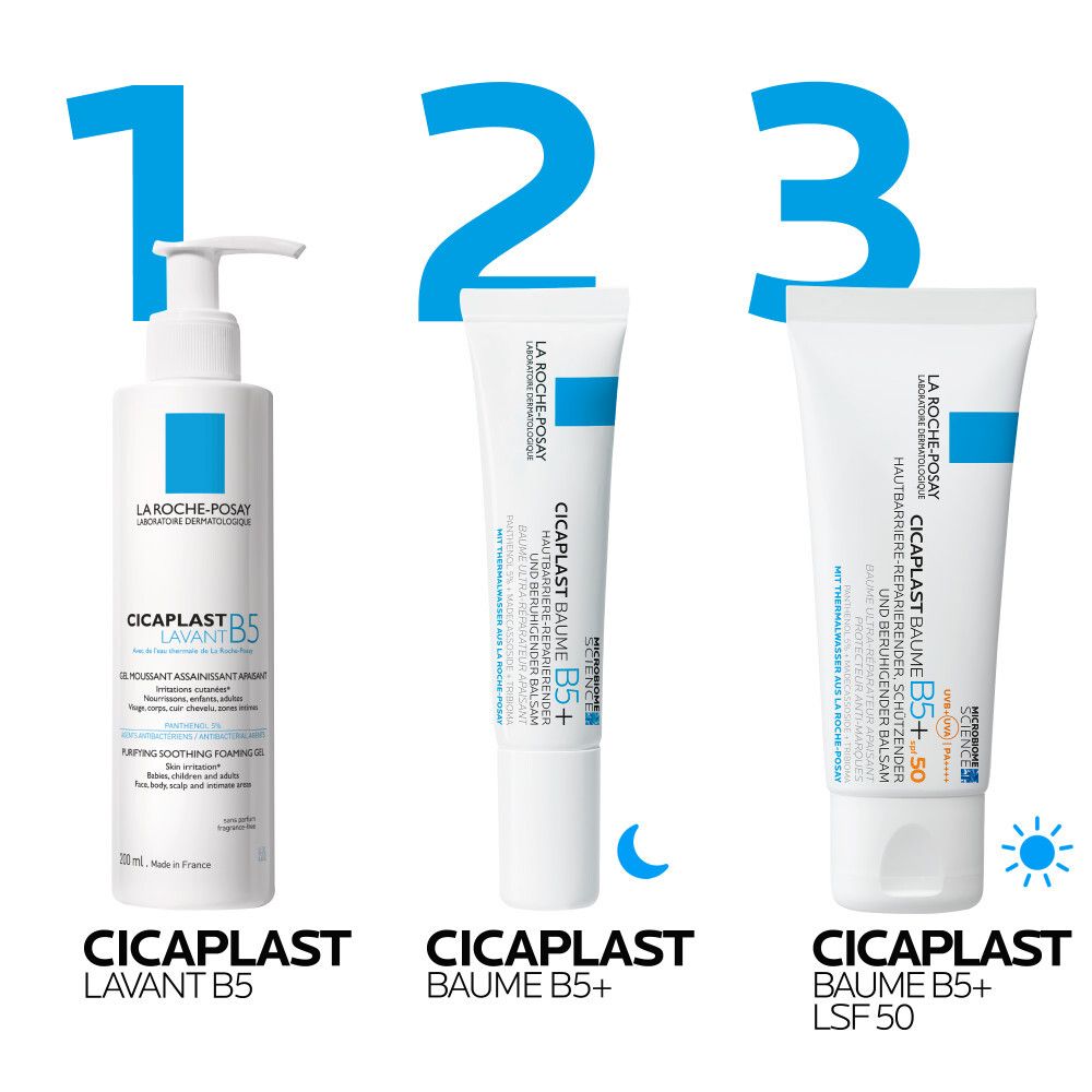 Drei Produkte: Cicaplast Lavant B5, Cicaplast Baume B5+, Cicaplast Baume B5+ LSF 50. Text: Tag und Nacht.