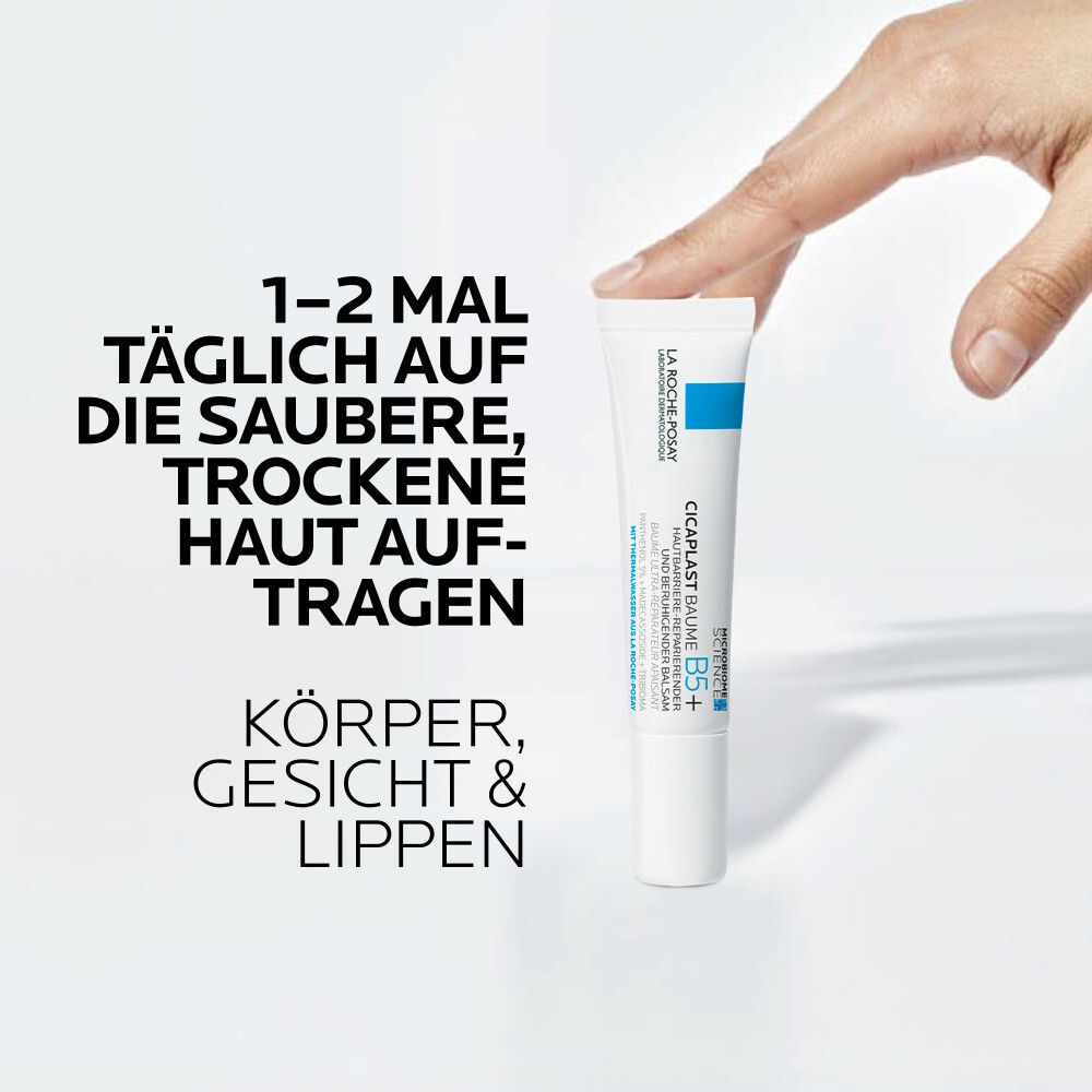 Hand mit Tube. Text: 1-2 mal täglich auf saubere, trockene Haut auftragen. Körper, Gesicht & Lippen.